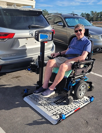 A 73-year old gentleman with Amyotrophic Lateral Sclerosis (ALS) was provided with a vehicle lift so that he could transport his power wheelchair when traveling for treatments and in the community in general.