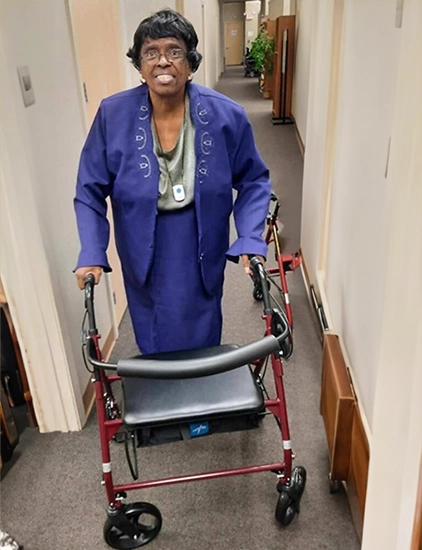 An 84-year old woman needed a rollator walker for safety, as she is at risk for injury from falls that could lead to hospitalization or a nursing home stay.