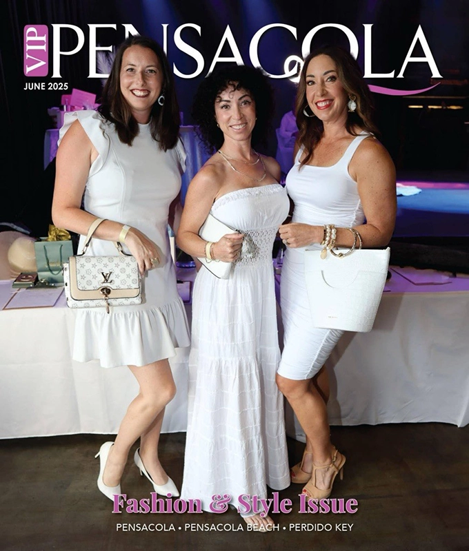 VIP Pensacola Magazine cover with three ladies posing in white dresses