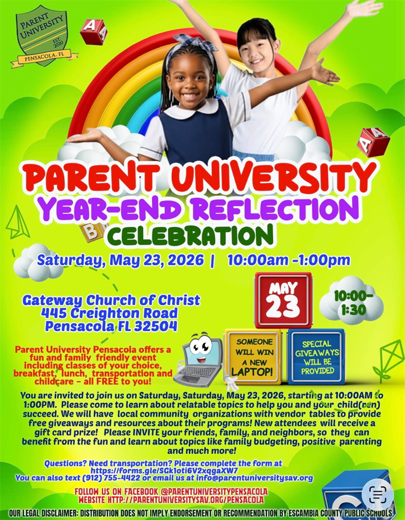 Parent University Year-End Reflection Celebration May 23, 2026 10am-1:30pm